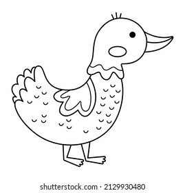 Vector black and white duck icon. Cute cartoon illustration for kids. Farm bird isolated on white background. Line animal picture or coloring page for children
