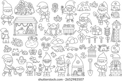 Conjunto de clipes de anã preta e branca vetorial. Coleção de ícones de linha genoma bonito. Ilustrações de personagens de conto de fadas, página de colorir. Matilha de criatura mágica com jardim, mineração, elfos ferreiro