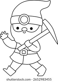 Vector black and white dwarf icon. Magic creature clipart. Cute fairytale line character waving hand. Woodland fantasy gnome with pickax, beard. Forest fairy tale illustration, coloring page
