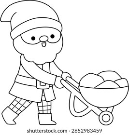 Ícone de anã preta e branca vetorial. Clipart de linha de criatura mágica. Personagem de conto de fadas bonito. Fantasia de Woodland gnomo com carrinho de mão com ouro. ilustração de conto de fadas floresta, página de coloração
