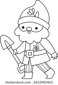 Ícone de anã preta e branca vetorial. Clipart de criatura mágica. Personagem de linha de conto de fadas bonito. Fantasia do jardim da floresta gnomo com pá. ilustração de conto de fadas floresta, página de coloração
