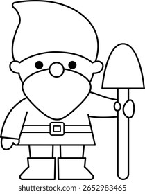 Ícone de anã preta e branca vetorial. Clipart de linha de criatura mágica. Personagem de conto de fadas bonito. Fantasia do jardim da floresta com pá. ilustração de conto de fadas floresta, página de coloração
