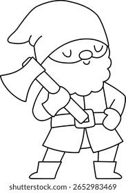 Ícone de anã preta e branca vetorial. Clipart de criatura mágica. Personagem de linha de conto de fadas bonito. Gnome fantasia Woodland com machado, barba. ilustração de conto de fadas floresta, página de coloração
