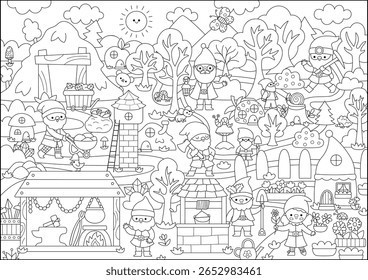 Vetor preto e branco anão fundo de terra. Linha gnomo paisagem do país. Woodland, cena da floresta de fantasia, página colorida com árvore, casa, animal. Ilustração do mundo do conto de fadas
