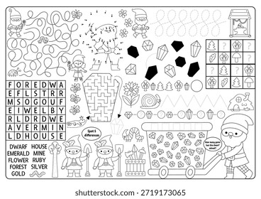 Vektor schwarz-weißer Zwergdorf Platz. Forest Gnome Linie druckbare Aktivitätsmatte mit Labyrinth, Wortsuche Puzzle, Schattenspiel, finden Sie Unterschied. Waldelfen spielen Matte, Malvorlage
