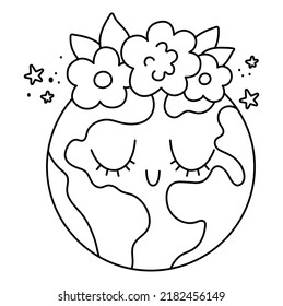 Tierra blanca y negra vectorial para los niños. Ilustración de la línea del día de la Tierra con un lindo planeta sonriente kawaii con ojos cerrados. Icono ecológico o página de color con globo y flores
