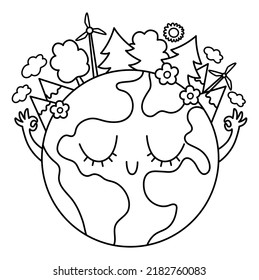 Vector black and white earth for kids. Earth day line illustration with cute kawaii smiling planet with closed eyes. Environment friendly icon or coloring page with globe and forest
