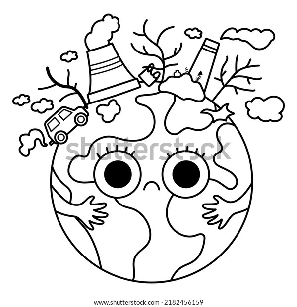 Vector black and\
white earth for kids. Earth day line illustration with sad kawaii\
polluted planet. Environment friendly icon or coloring page with\
globe and power plant,\
waste\
