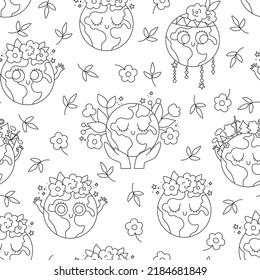 Vector black and white earth seamless pattern for kids. Earth day repeat background with cute kawaii smiling planets. Environment friendly digital paper, coloring page with globe and forest

