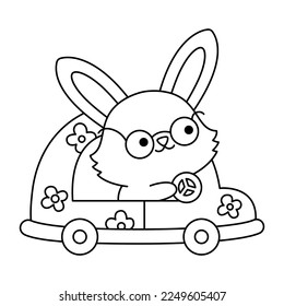 Icono vector de conejito blanco y negro de Pascua para niños. Ilustración de conejo kawaii o página de coloreado. Divertido personaje de liebre de dibujos animados. Símbolo tradicional de vacaciones de primavera en gafas que conducen un coche verde
