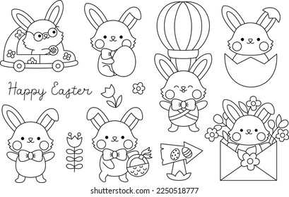 Vector black and white Easter bunny set for kids. Cute kawaii line rabbits collection. Funny cartoon characters. Traditional spring holiday symbol illustration or coloring page with hare
