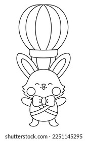 Vektorschwarz-weißes Osterhase für Kinder. Cute Linie kawaii Kaninchen Illustration oder Färbung Seite. Der lustige Cartoon hat seinen Charakter. Traditionelles Frühlingssymbol, das auf Heißluftballon fliegt 

