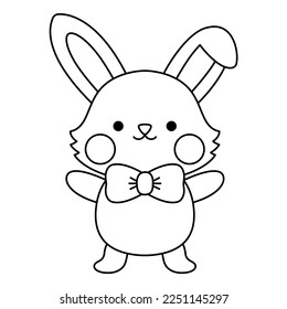 Vector black and white Easter bunny icon for kids. Cute kawaii line rabbit illustration or coloring page. Funny cartoon hare character. Traditional spring holiday symbol in bow
