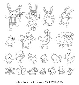 Vector black and white Easter characters set. Spring outline birds and insects collection. Cute animal icons pack for kids. Funny bunny family, chicks, hen, sheep, butterfly coloring page