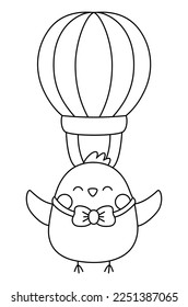 Vector black and white Easter chick icon for kids. Cute line kawaii chicken illustration or coloring page. Funny cartoon bird character. Traditional spring symbol in bow flying on hot air balloon