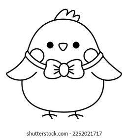 Vector black and white Easter chick icon for kids. Cute line kawaii chicken illustration or coloring page. Funny cartoon bird character. Traditional spring holiday symbol in bow
