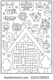 Vector black and white Easter country house shaped crossword puzzle for kids. Spring holiday line quiz.  Coloring page with kawaii symbols. Cute garden English language cross word with bunny
