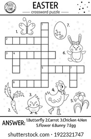 Vector black and white Easter crossword puzzle for kids. Simple spring quiz with holiday objects and animals for children. Activity or coloring page with traditional symbols and garden theme

