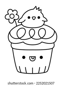 Vector black and white Easter cupcake for kids. Cute kawaii cup cake with icing, flower and chick on top. Funny cartoon character. Traditional spring holiday dessert illustration or coloring page
