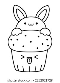 Vector black and white Easter cupcake for kids. Cute line kawaii cup cake with bunny rabbit on top. Funny cartoon character. Traditional spring holiday dessert illustration or coloring page
