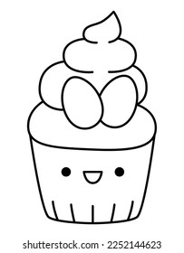 Vector black and white Easter cupcake for kids. Cute line kawaii cup cake with cream and eggs. Funny cartoon character. Traditional spring holiday dessert illustration or coloring page

