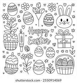 Vector with black and white Easter designs: eggs, bunny face, flowers, candle, basket, gift box, cupcake, and 'HAPPY EASTER' lettering.