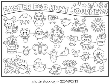 Vector black and white Easter egg hunt journey game with holiday symbols. Line kawaii spring planner, maze, advent countdown calendar for kids. Festive garden coloring page with bunny, chick
