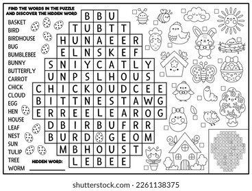 Vector black and white Easter egg shaped word search puzzle for kids. Spring holiday quiz for children. Coloring page with kawaii symbols. Cute English language cross word with bunny, chick, flower