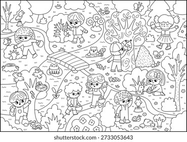 Vector black and white Easter egg hunt background. Line landscape with kids, tree, bush, insect, basket, nature element. Woodland scene, coloring page with children looking for eggs in forest
