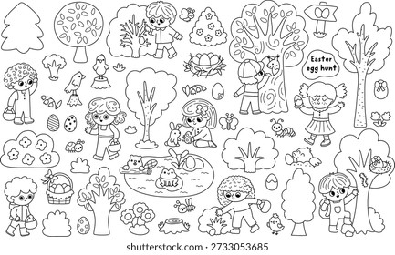 Vector black and white Easter egg hunt clipart set. Cute kid line icons collection with trees, bushes, insects, basket, nature element. Coloring page with children looking for eggs in forest
