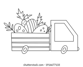 Vector black and white Easter outline truck icon with eggs and carrots. Car with holiday presents isolated on white background. Cute adorable spring transportation illustration for kids