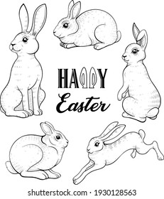 Vector Black and White Easter Rabbit Set