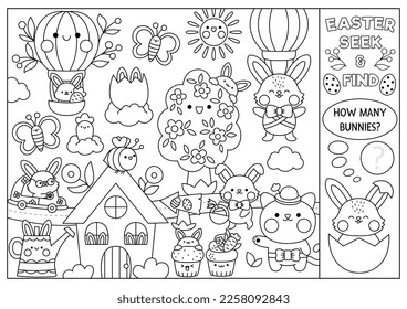 Vector black and white Easter searching game with country house and kawaii characters. Spot hidden rabbits. Simple spring holiday seek and find coloring page. Egg hunt printable activity with bunny
