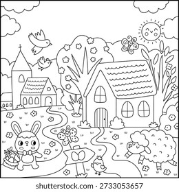 Vektorgrafik schwarz-weiß Osterdorf Landschaft. Linie Natur detaillierte Szene mit Kirche, Hase mit Korb, Eiersuche Zeichen, Küken, Bäume. Niedlicher Frühlingsferien, quadratischer Hintergrund, Buchcover für Kinder 
