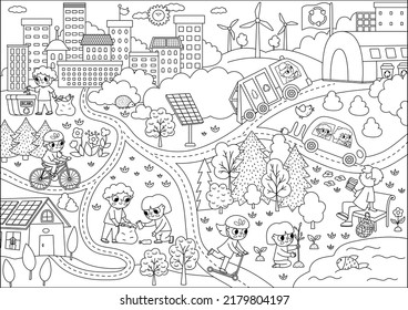 Vector black and white eco city scene. Ecological town line landscape with alternative transport, energy concept. Green city illustration with children caring of environment. Earth day coloring page
