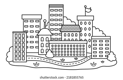 Vector Black And White Eco City Icon. Environment Friendly Home Concept With Trees And Buildings. Ecological Town Lifestyle Line Illustration. Cute Earth Day Landscape Or Coloring Page
