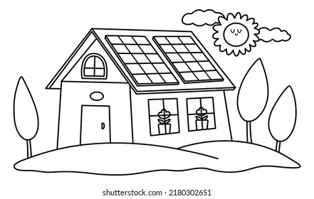 Vector Black And White Eco House Icon. Environment Friendly Home Line Concept With Trees, And Solar Panels. Ecological Country Lifestyle Illustration. Cute Earth Day Landscape Or Coloring Page
