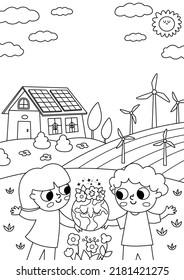 Vector black and white eco life scene with cute kids. Vertical card template with line ecological landscape. Green city illustration with forest, children, plants. Earth day coloring page
