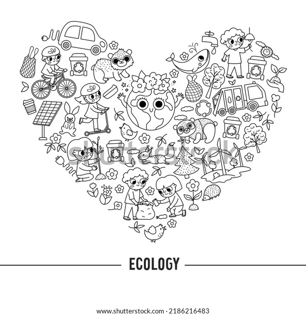 Vector black and white ecological heart shaped\
frame with cute children caring of nature. Earth day card template\
for banners. Cute environment friendly coloring page, nature love\
concept