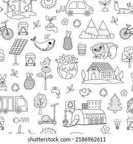 Vector Black And White Ecological Seamless Pattern For Kids. Earth Day Repeat Background With Cute Children, Planet, Waste Recycling Concept. Environment Friendly Digital Paper, Coloring Page
