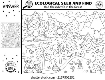 Vector black and white ecological searching game with forest landscape, rubbish. Spot hidden garbage in picture. Zero waste seek and find educational printable activity. Earth day coloring page
