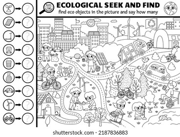 Vector black and white ecological searching game with eco city landscape. Spot hidden objects in the picture and say how many. Earth day seek and find and counting printable coloring page
