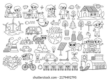 Vector black and white ecological set for kids. Earth day line collection with cute children, planet, waste recycling concept. Environment friendly coloring pack with alternative energy, solar panels
