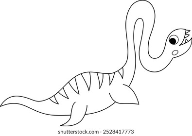 Vector Icono de elasmosaurio blanco y negro. Linda ilustración de línea de dinosaurio acuático para niños. Divertido dino del océano con el cuello largo aislado en el fondo blanco. Dibujos animados de animales marinos prehistóricos para colorear
