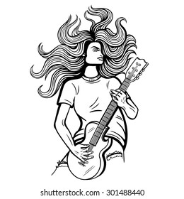 Vector Black and White Electric Guitar Player Illustration