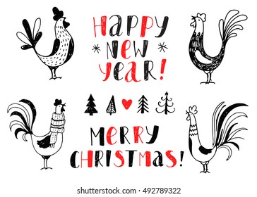 Vector black and white elements.  Hand drawn background with rooster and fir tree. Handwritten inscription Happy New Year and Merry Christmas. Modern calligraphy.