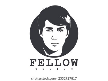 Vector black and white emblem or icon. The face of a handsome young man in a circle. Graphic portrait of a fellow. Isolated background.