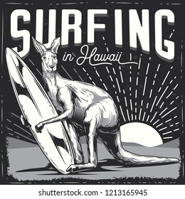 Vector black and white emblem. Kangaroo surfing in paws on the beach.