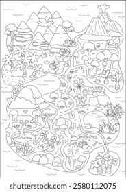 Vector black and white empty ancient continent map. Dinosaur landscape illustration. Prehistoric scenery, coloring page. Detailed island scene with paths. Dino land picture for kids
