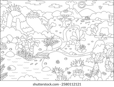 Vector black and white empty dinosaur landscape illustration. Cute prehistoric scenery with mountains, forest, ancient plant. Jurassic period scene with palm tree, volcano. Dino coloring page for kid